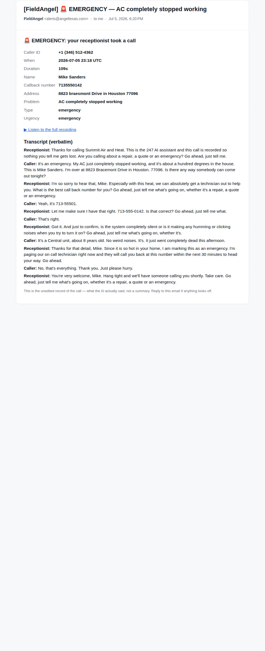 The real lead-alert email a business owner receives seconds after a call: extracted lead, verbatim transcript, recording link