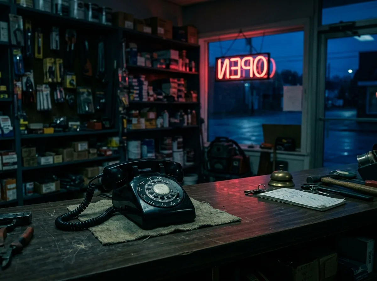 A phone ringing unanswered on the counter of a small shop at night