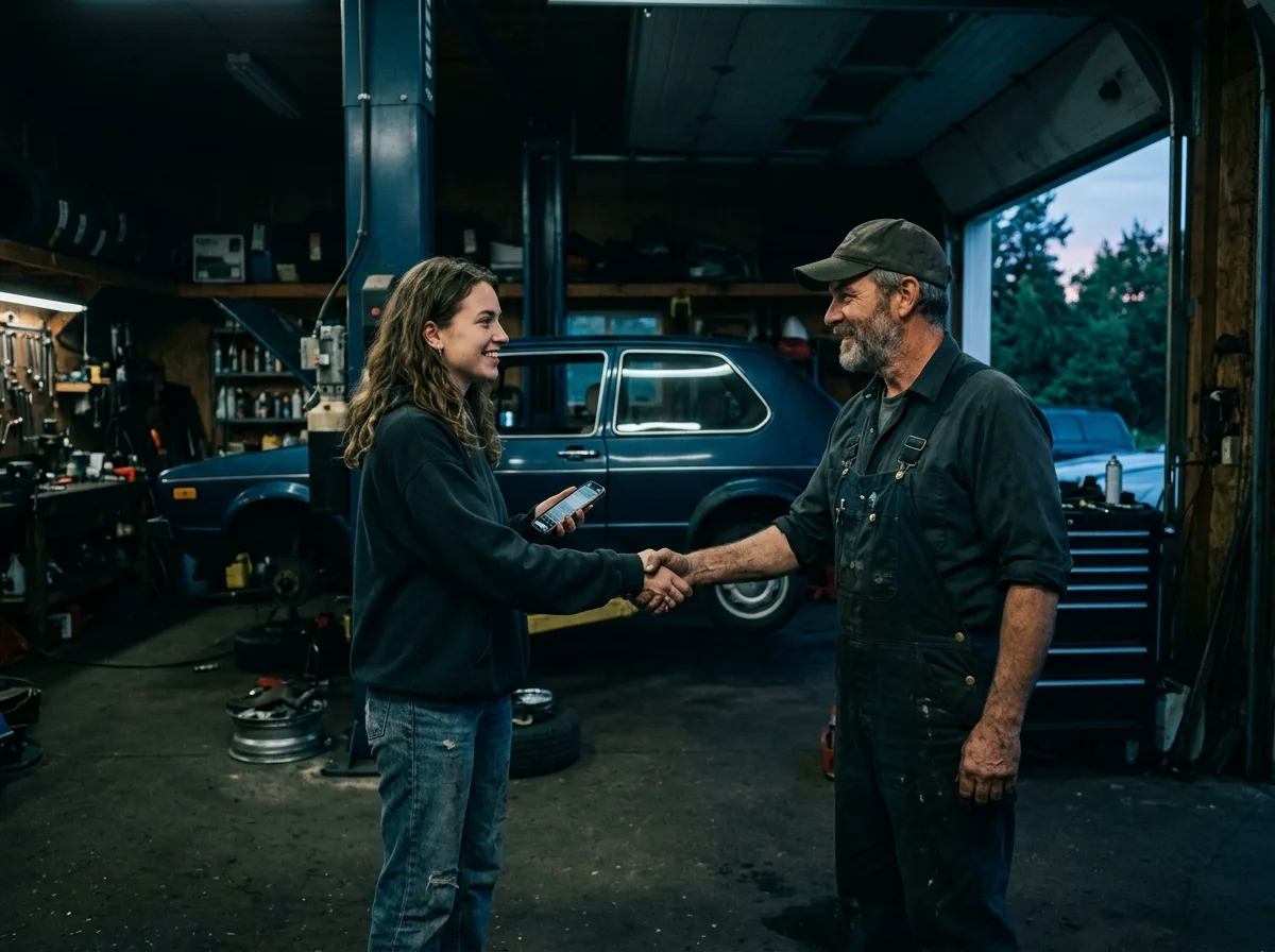 A young operator closing a deal with an auto shop owner