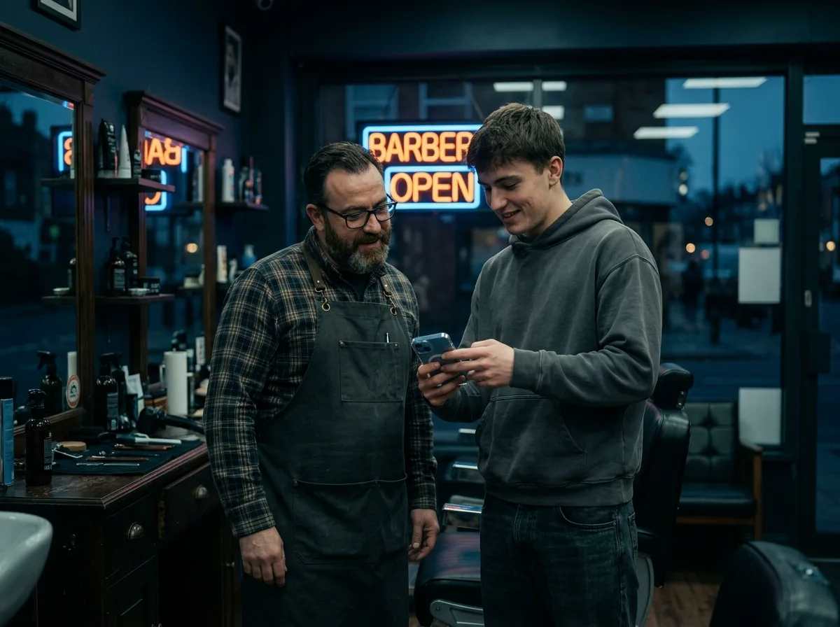 A young operator showing the AI receptionist demo to a barbershop owner